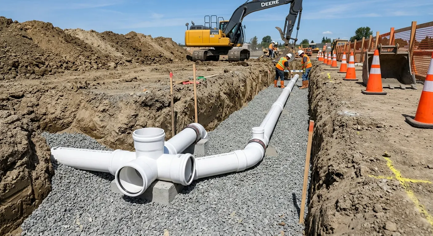 New PVC sewer pipe installation in open trench for Sewer Backup in Maricopa