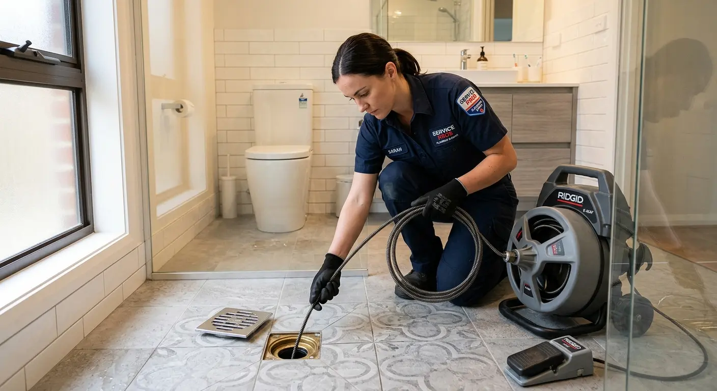 Technician clearing a bathroom floor drain for Drain Cleaning in Maricopa